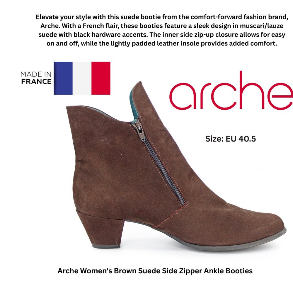 Arche Women's Brown Suede Side Zipper Ankle Booties: Size EU 40.5